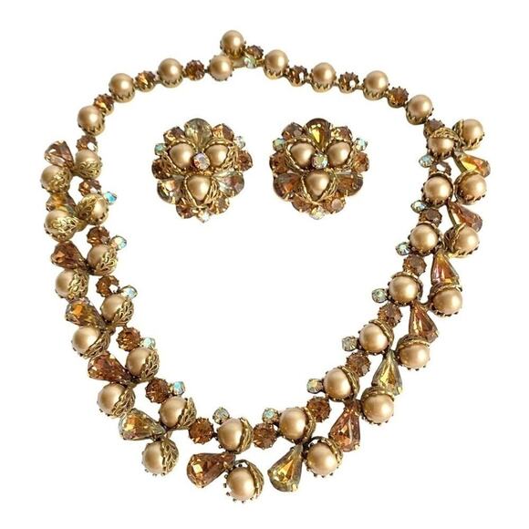 Vintage Kramer Necklace & Earrings Set Pearl Rhinestone Aurora Borealis Crystal - Picture 1 of 15